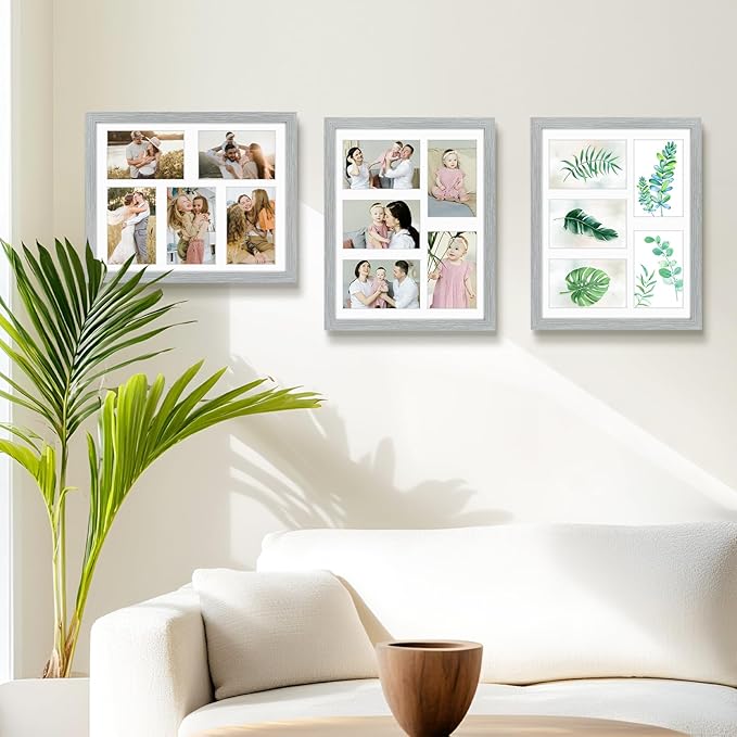 Golden State Art, 11x14 Grey Wooden Frame with White Mat - Displays Five 4x6 Photos - Real Glass, Sawtooth Hangers, Flexible Metal Tabs - Wall Mounting, Landscape, Portrait