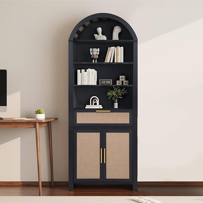 79" Tall Arched Bookcase with Storage, Mid Century Modern 6-Tier Cabinet with Door and Drawer, Arched Bookshelf with Open Display Shelf for Office Living Room(Black, 79inch-Doors)
