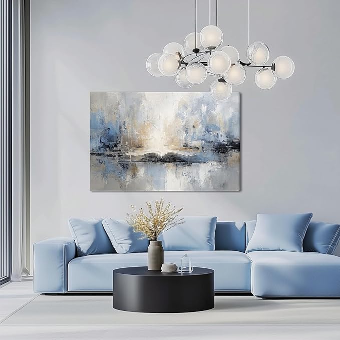XRZ Abstract Wall Art – Blue and Beige Scripture Canvas – Christian Wall Decor for Living Room Bedroom Office – 48x32 Inch
