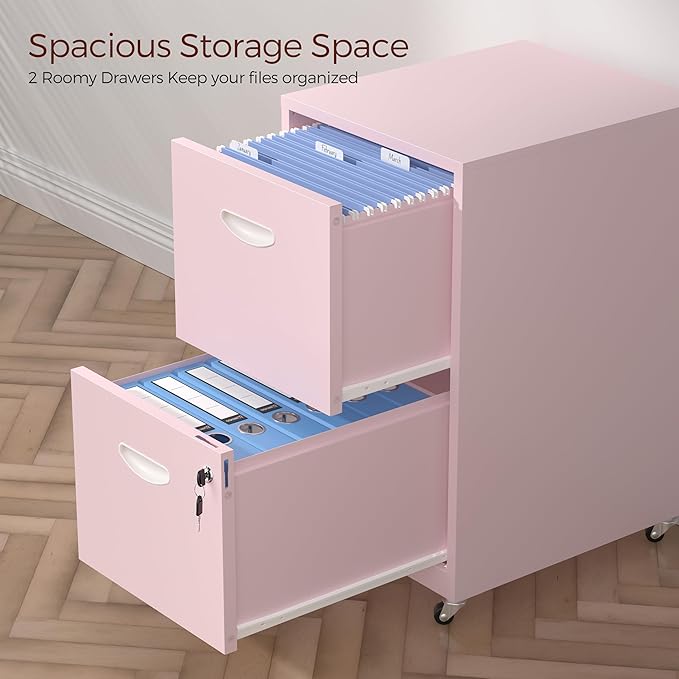 2 Drawer Mobile File Cabinet with Lock, Pink Metal Filing Cabinets with Wheels, Vertical Rolling File Cabinet Fit Hanging Files, Letter and A4 Documents