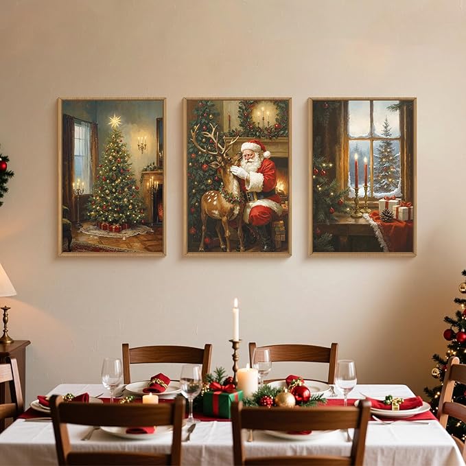 Ausril Vintage Christmas Wall Art Set of 3, Santa Reindeer Snowy Painting, Lit Tree Candle Window Artwork for Living Room, Bedroom, Fireplace, Xmas Gifts for Home Decoration 16×24 inch
