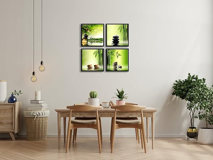 Pyradecor 4 Panels Framed Canvas Wall Art Contemporary Zen Canvas Prints Perfect Bamboo Green Pictures Paintings Artwork for Home Office Decorations
