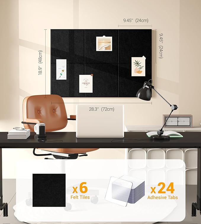 1/2" Thick Cork Board for Office, 6 Pack Felt Wall Tiles -28"x18" with Safe Adhesive Tabs, Large Bulletin Board, Push Pin Board Organizer Wall - Black