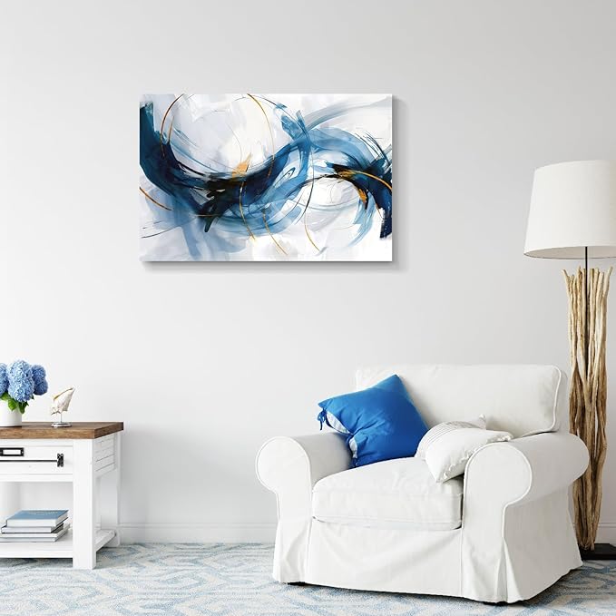 gaosoul Modern Abstract Canvas Wall Art Vibrant Blue Gold Lines Doodled on White Background Paintings Stylish Framed Minimalism Artwork Prints for Living Room Bedroom Office Decor 36x24in