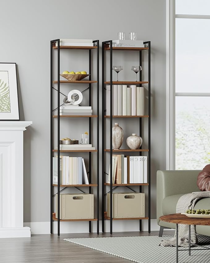 Bookshelf, Book Shelf, Industrial Bookcase with 2 Hooks, Coner Shelf Storage Organizer for Home Office, Living Room, Bedroom, Kitchen, 6-Tier Rustic Brown BC10701B
