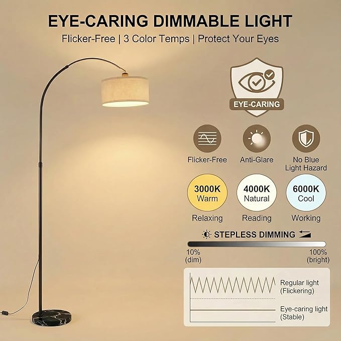 Arc Floor Lamp with Fan Head, Dimmable Floor Lamps with Remote, 3 Color Temperatures Adjustable Standing Lamp, Bright Reading Floor Lamp with Marble Base for Living Room Bedroom