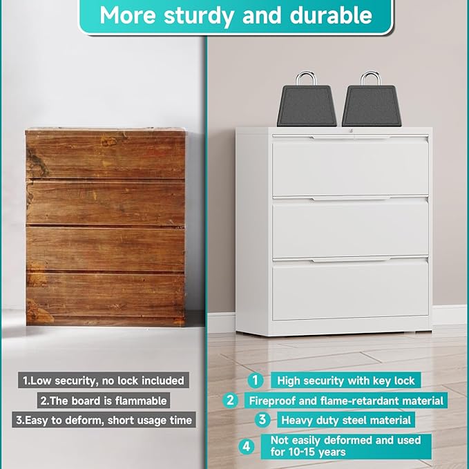 3 Drawer Lateral File Cabinet with Lock, Heavy-Duty Metal Filing Cabinet for Home Office, Steel Storage Compatible with Hanging Files Letter/Legal/F4/A4 Sizes (3 Drawer, White)