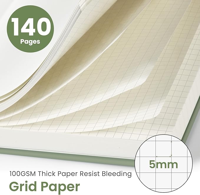 Taja Graph Spiral Journal Notebook for Women & Men, 140 Pages, Graph Paper Hardcover Notebook for Planning & Tracking, Journals for Graphing, A5(5.7" x 7.9") – Green