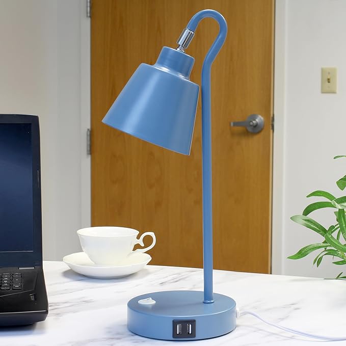 Simple Designs LD1073-BLU 16" Sleek Essentials Metal Looped Desk Task Lamp with Adjustable Shade and Dual USB Ports, for Office, Desk, Nightstand, Blue