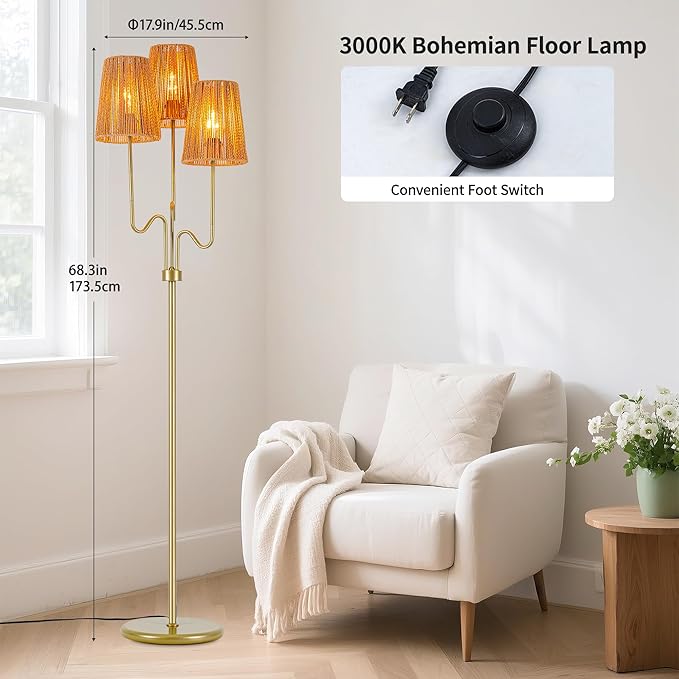MAYNA Bohemian Floor Lamp, 68 in. Rattan Floor Lamp with Rattan Shade, 3-Light Tree-Shaped Stand Lamp for Bedroom, Nursery, E26 Socket, Living Room(Gold)