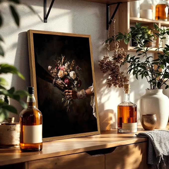 Framed Black Love Floral Wall Art, African American Couple Canvas Wall Decor Prints, Dark Romantic Holding Flowers Paintings Pictures Moody Home Decor Aesthetic for Living Room Bedroom 12x16 inch