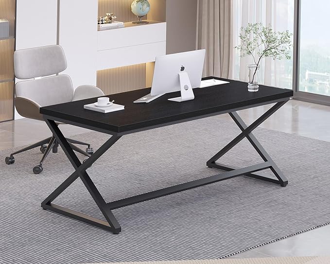 IBF Black Desk, Modern Computer Desk for Writing Study, Industrial Simple Home Office Work Desk in Bedroom, Wood Metal Pc Gaming Laptop Workstation Executive Computer Table, Black Oak, 60 Inch