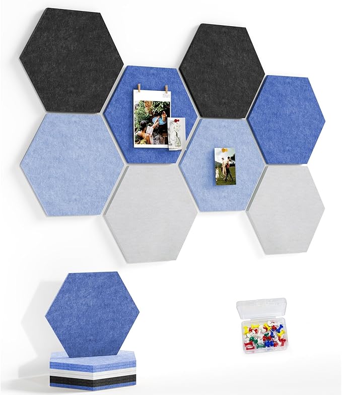 8 Pack Hexagon Felt Bulletin Board Tiles - 11.8" Large Thick Pin Board for Walls with 30 Push Pins, DIY Boards for Office Home School Decor, Aesthetic Hex Cork Board Alternative