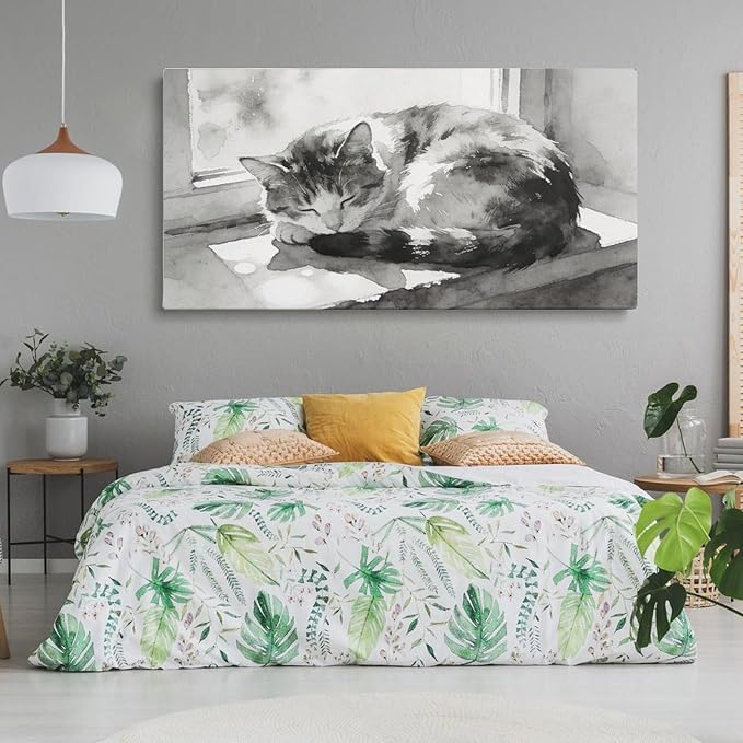 Black White Cat Framed Canvas Wall Art for Bedroom, Minimalist Animal Wall Decor 48" L x 24" W