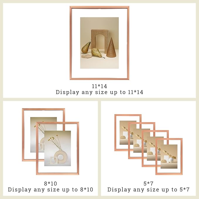 Frametory, Floating Picture Frames Set - Rose Gold Metal Photo Frames - Real Glass - Display One 11x14, Two 8x10, and Four 5x7 Inch Photos for Home Decoration
