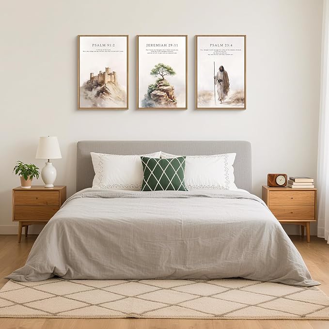 Jesus Christ Easter Bible Verse Story Framed Canvas Wall Art Set,Christian Religious Faith Resurrection Decor,Watercolor Beige Scripture Artwork for Church,Prayer Room,Living Room-16"x24"x3