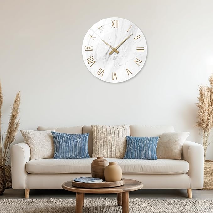 24 Inch White Minimalist Glass Wall Clocks Battery Operated Extra Large Wall Clock for Living Room Bedroom Round Analog Silent Wall Clock
