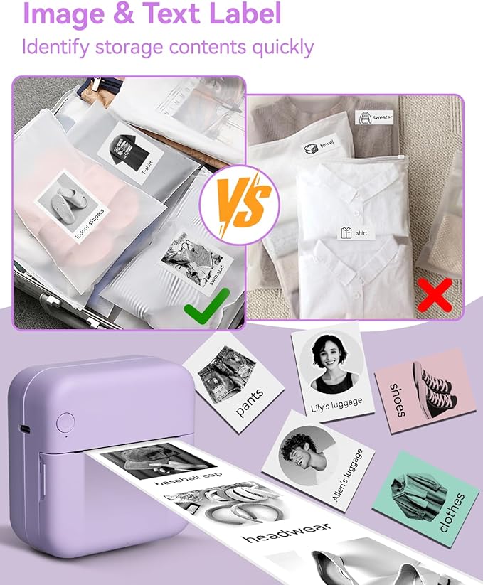Aptika Mini Thermal Printer with 14 Rolls Sticky Papers, Wireless Bluetooth Photo Printer, Portable Label Maker Machine with Tape, Small Compact Picture Maker for Student Kid, Purple