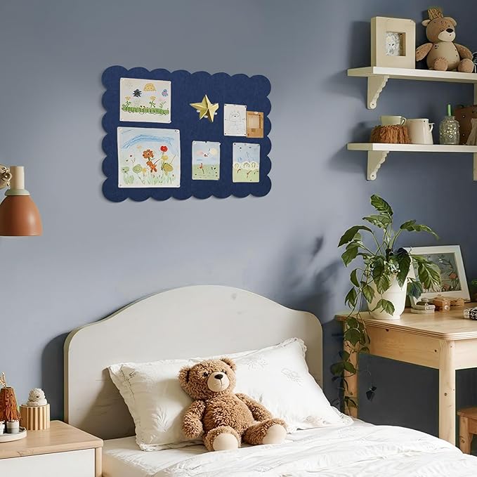 Scalloped Bulletin Board, 24 x 18 Inches Felt Pin Board - Decorative Cork Alternative for Wall, Foldable Picture Self-Adhesive Vision Prayer Board with 20 Pushpins - Dark Blue