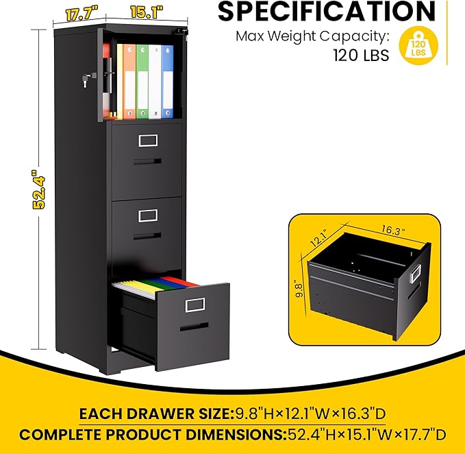3 Drawer Metal Locking File Cabinet with 1 Door Heavy Duty Lockable Filing Cabinets Home Office Steel File Cabinet Black Vertical File Cabinets for Legal/Letter Size File,Assembly Required
