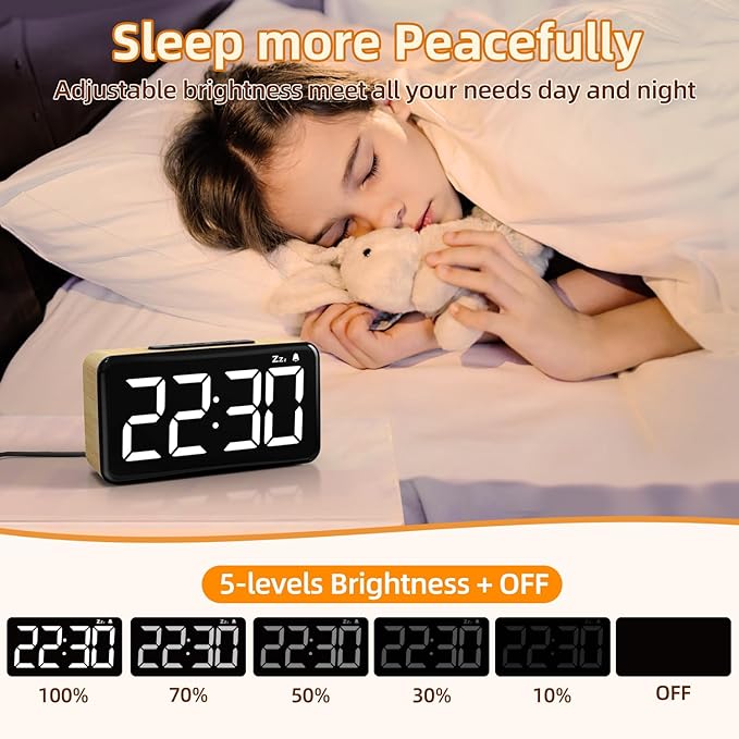 NOKLEAD Digital Alarm Clock for Bedroom: 5.9 inch Large LED Display, 9-Mins Snooze, 2 Volume Levels, 5 Brightness, 12/24H, Adapter Powered, Easy to Use for Adults and Seniors (Light Wood Grain)