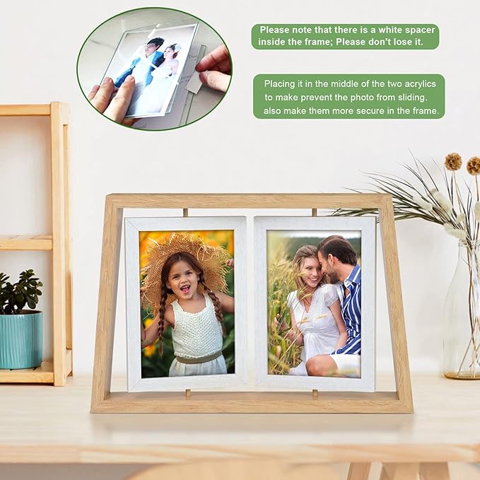 ZEEYUAN 4x6 Desk Picture Frames Rotating Rustic Photo Frame Floating 4x6 Double Side Frame for Tabletop Office Decor, Mothers Day Gifts Picture Frame for Mom Gift from Daughter Son