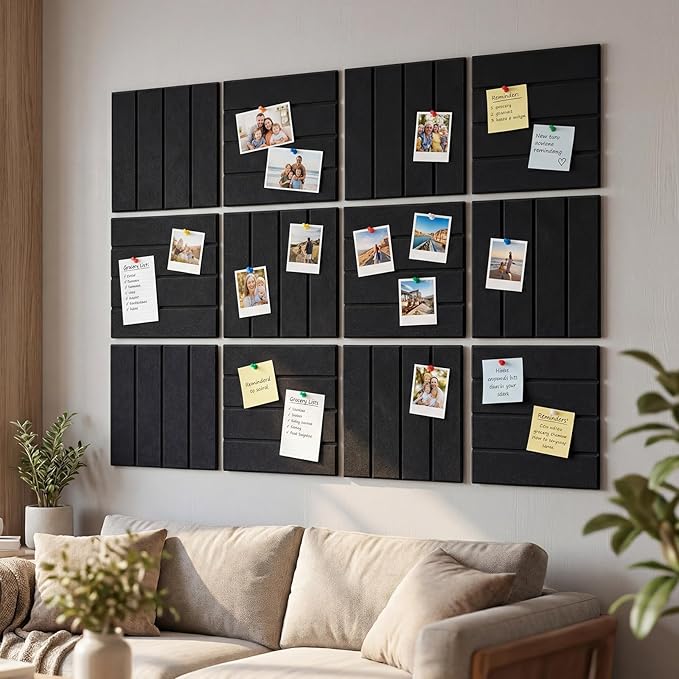 Felt Bulletin Board Tiles 48" x 36", 12-Pack Cork Board for Office, Pin Board with 60 Pushpins Cork Boards for Office Decor Walls Organizer, 70 Adhesive Tabs Included - Black