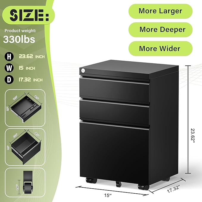 Oakcloud 3 Drawer Mobile File Cabinet for Home Office, Roller Metal Vertical File Storage for A4/F4/Letter/Legal Size, Easy Assemble (Mobile-Black)