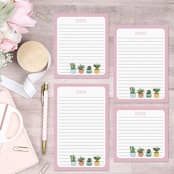 Pink Border Succulents Personalized Notepad Sets - Set of 4, 100-sheet Pads, Add Your Name, Largest pad 4-1/4" x 6-3/4", Personalized Stationery, Graduation Gift