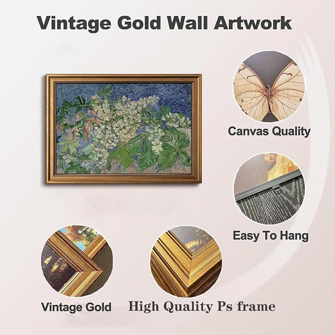 Gold Framed Wall Art Vintage Canvas Wall Art Van Gogh Chestnut Branches Artwork Prints Picture for Living Room Bedroom Farmhouse Bathroom Office Decor, 12x16
