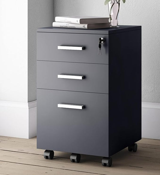 Modern Design Lazio Black File Cabinet, Filing Cabinets for Home Office, Drawers for Under Desk, Locking 3 Drawer Rolling Wood File Cabinet with Lock, by Crafts and Comfort