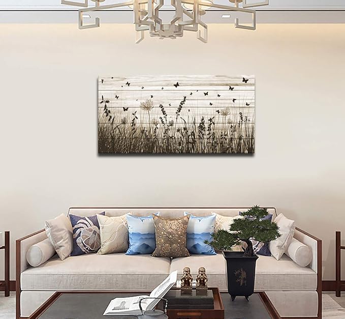 Wildflower Wall Art Autumn Canvas Picture Butterfly Grass Dandelion Artwork Vintage Wooden Board Painting Prints for Bedroom Living Room Office Home Kitchen Wall Decor Framed Ready to Hang 29" x 58"