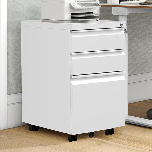DWVO 3-Drawer Mobile File Cabinet, Pre-Assembled Metal Filing Cabinet for Legal/Letter Size, Lockable Office Storage with 6 Casters, White