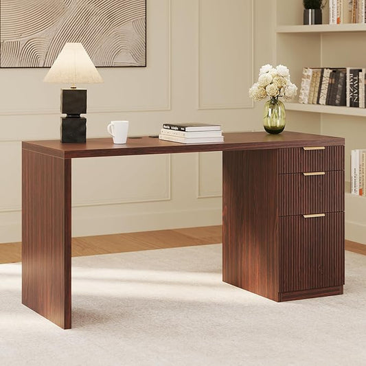 FURSUN 58" Modern Executive Desk with Storage, Home Office Desk with Drawer & Cabinet, Wooden Fluted Desk for Study, Living Room, Bedroom, Dark Walnut
