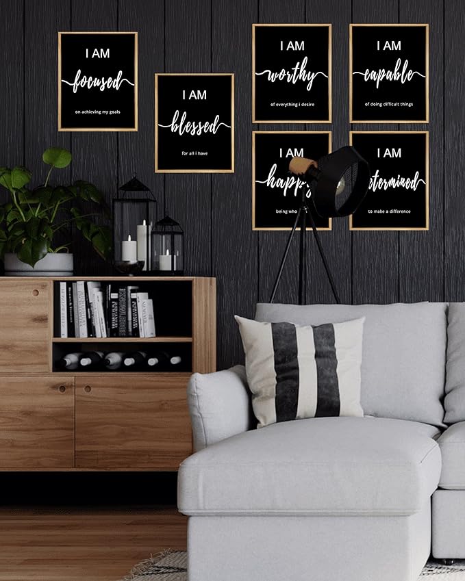 Drsoum Inspirational Wall Art Office Decor, Wood Framed Motivational Wall Art Prints for Office Classroom,Black and White Daily Positive Affirmations Posters for Women Men Kids, 8"x10"x6pcs,FRAMED