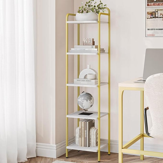 Bookcase Bookshelf, Narrow Book Shelf, Industrial Corner Shelf Storage Organizer, Slim Shelving Unit for Home Office, Living Room, Bedroom, Kitchen, 5-Tier White Gold BC24513G