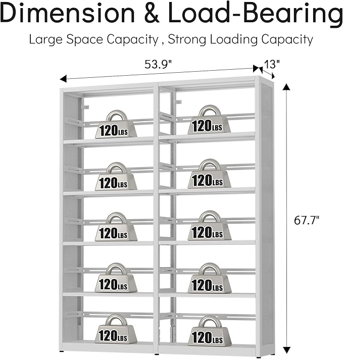 Large 5 Shelf Bookcase, Metal 5 Tier Bookshelf with Bookends, 54 Inch Wide Book Case, Tall Book Shelf Organizer, White Bookcases for Library, Home Office, School, Clinic-Assemble Required