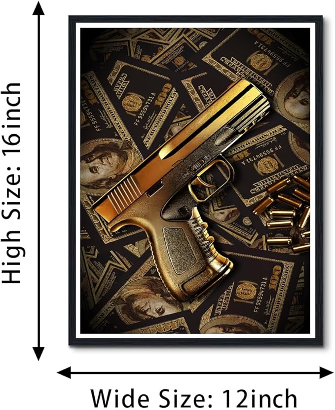 Money Wall Art Real 100 Bill Dollar Poster Cash Money Collection Gun Motivational Canvas Print Wall Decor for Office Home Living Room Decor Ready to Hang 12x16inch