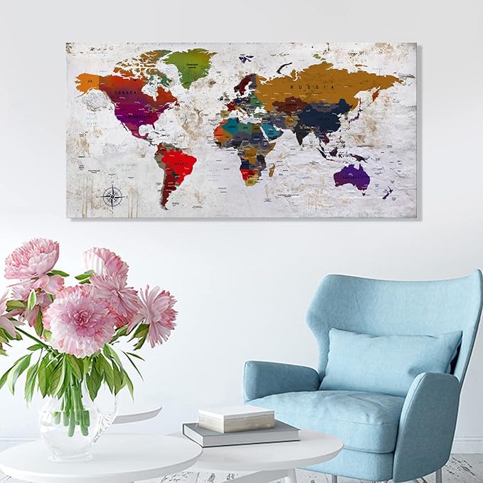 ZEYDRT Canvas Wall Art world map Wall Art for Office Living Room Home Decorations artwork Canvas Art Wall Decor map of the world Wall Decoration Vintage Office for Home Bedroom Decoration20 x40 …