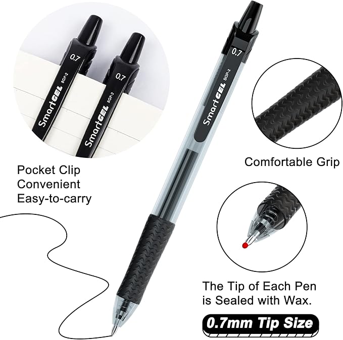 30 Pack Black Gel Pens, Retractable Medium Point Gel Ink Pens Smooth Writing for School Office Home, Comfort Grip(15 Pens with 15 Refills)