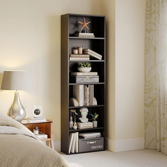 MXV Bookshelf, 6-Tier Open Bookcase, Storage Shelves, Display Storage Shelves, Floor Standing Unit, Home Decor, Furniture for Home Office, Living Room, Bedroom, Black