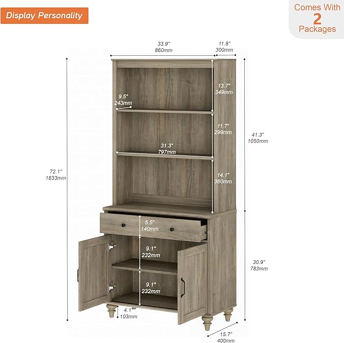WAMPAT 5 Tier Bookshelf 72" Tall Bookcase with Doors & Drawer,Large Farmhouse Display Book Shelf with Storage Cabinet，Library Wood Bookshelves for Living Room,Kitchen, Wash Grey