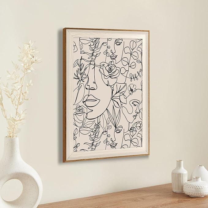 ASTRDECOR Abstract Framed Wall Art, Minimalist Boho Art Prints Women Portrait Line Art Wall Decor, Mid Century Wall Prints, Boho Wall Art Canvas, Neutral Black Beige Bedroom Decor - 16''x24''