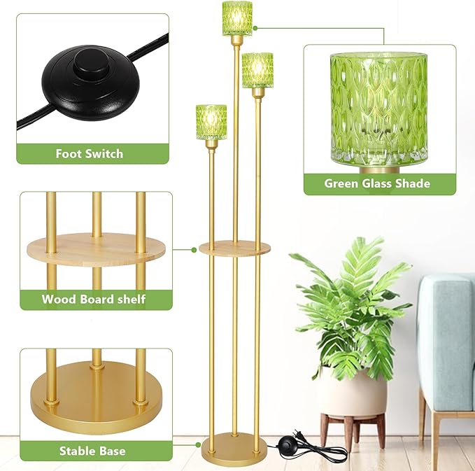 HMVPL Vintage Floor Lamp with Shelves, Gold Floor Lamp with Table, Mid Century Standing Lamp with Green Glass Shade, On/Off Switch, Boho Corner Lamp for Living Room, Brass Tall Lamp for Bedroom Office