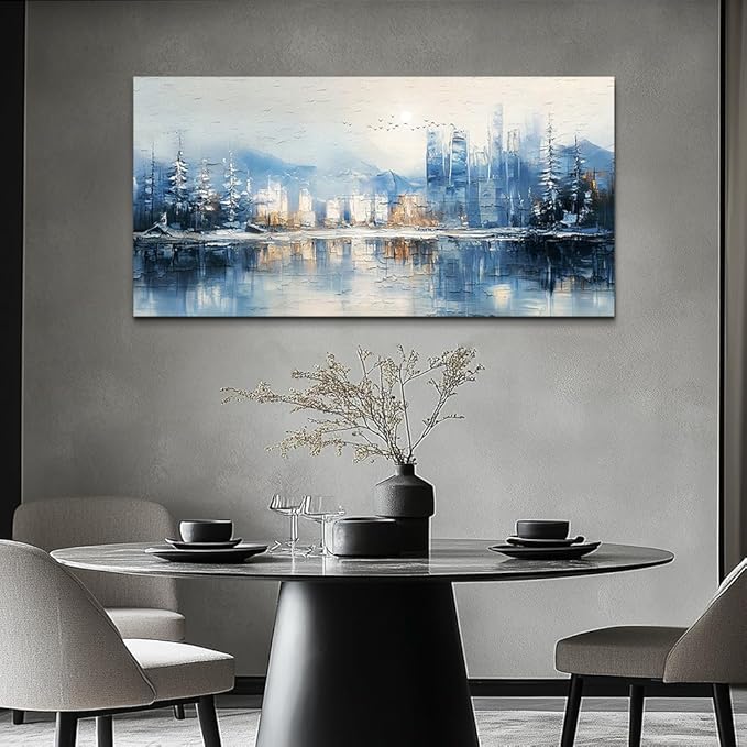 QIYILEXWART Large Wall Decor For Living Room Stretched And Framed Canvas Wall Art For Office Wall Decoration For Bedroom The Blue Lake Painting Abstract Watercolour Picture Home Decor Ready To Hang