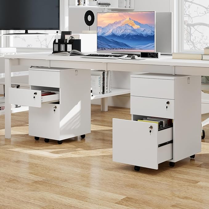 LOKO Mobile File Cabinet with 3 Drawers, Wooden Rolling Filing Cabinet with Lock, Under Desk File Organizer for A4/Letter/Legal Size, for Home Office, Study (White)