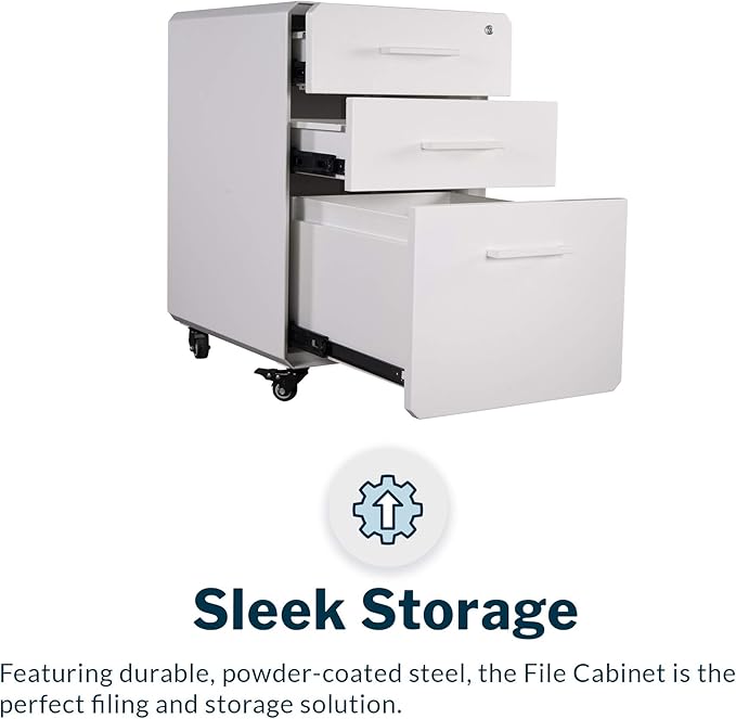 Vari File Cabinet for Office Storage with Three Drawers - Roll & Lock Caster Wheels (White)