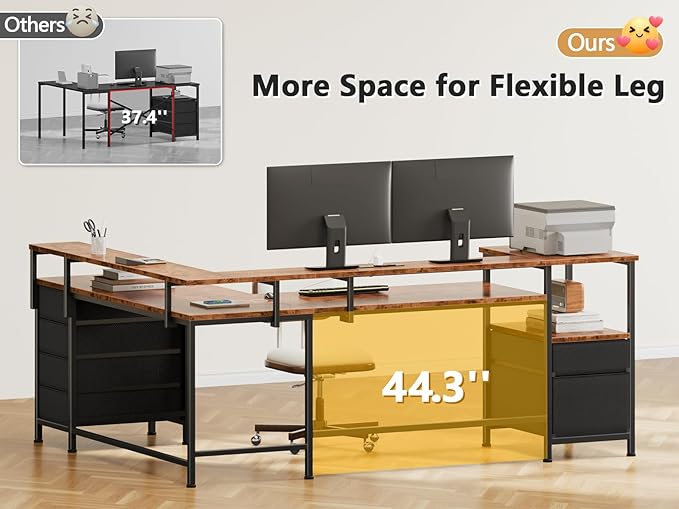 Furologee 66" Reversible L Shaped Gaming Desk with 6 Drawers & Printer Storage Shelves, Corner Computer Desk with Power Outlets & LED Lights, Home Office Table with Monitor Stand, Rustic Brown