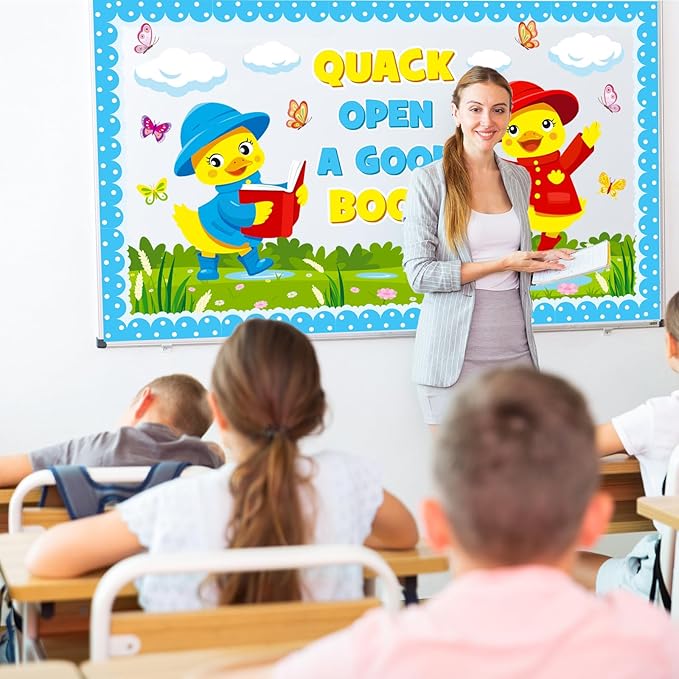Spring Reading Bulletin Board Decoration Set, Yellow Duck Quack Classroom Decorations Duck Book Butterfly Cutouts March April Library School Nursery Home Window Wall Chalkboard Door Decor for Teacher