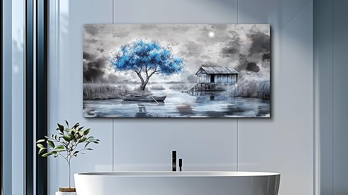 QIYILEXWART Large Wall Decor For Living Room Stretched And Framed Canvas Wall Art For Office Wall Decorations For Bedroom The Blue Tree Paintings The Hut Picture Artwork Home Decor Ready To Hang